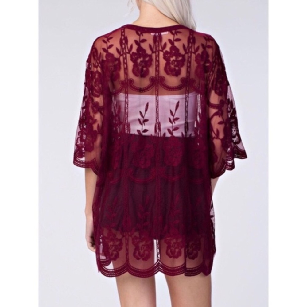🖤Host Pick🖤 Maroon Sheer Lace Floral Kimono - Picture 4 of 5